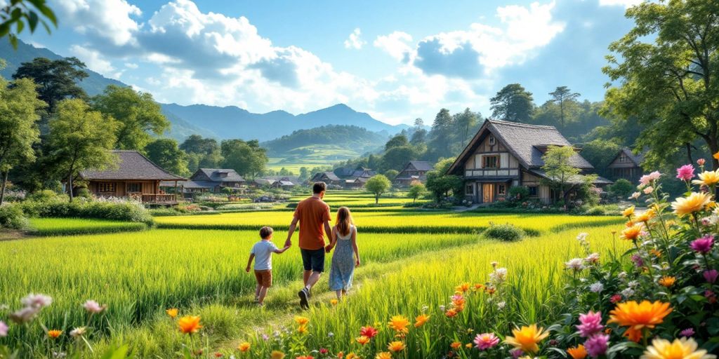 Pemandangan desa Citeureup dengan sawah hijau dan rumah tradisional.