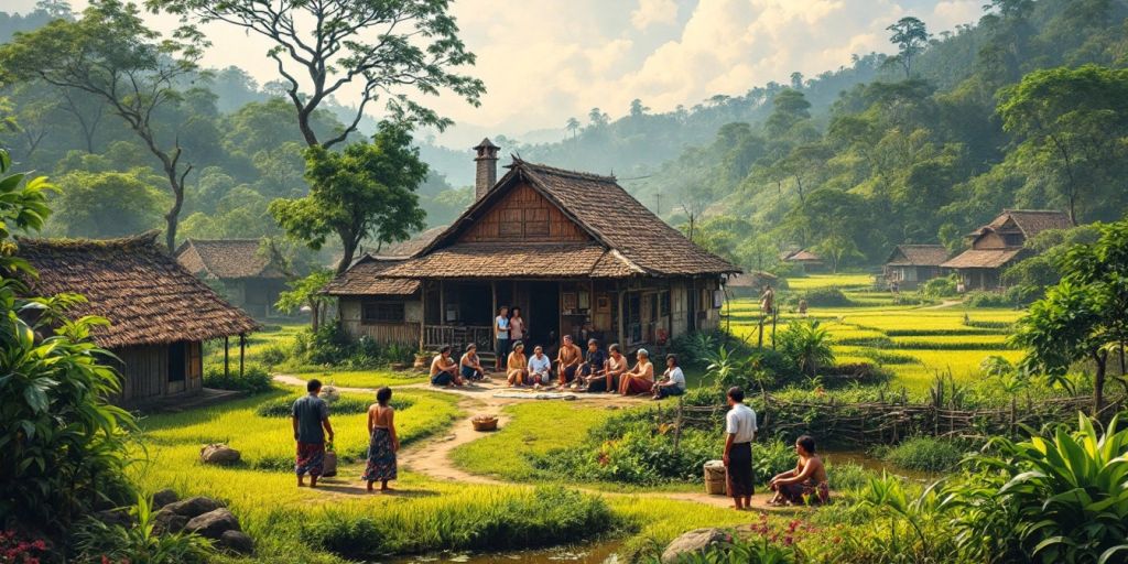 Gambaran pemerintahan desa di Indonesia dengan rumah tradisional.