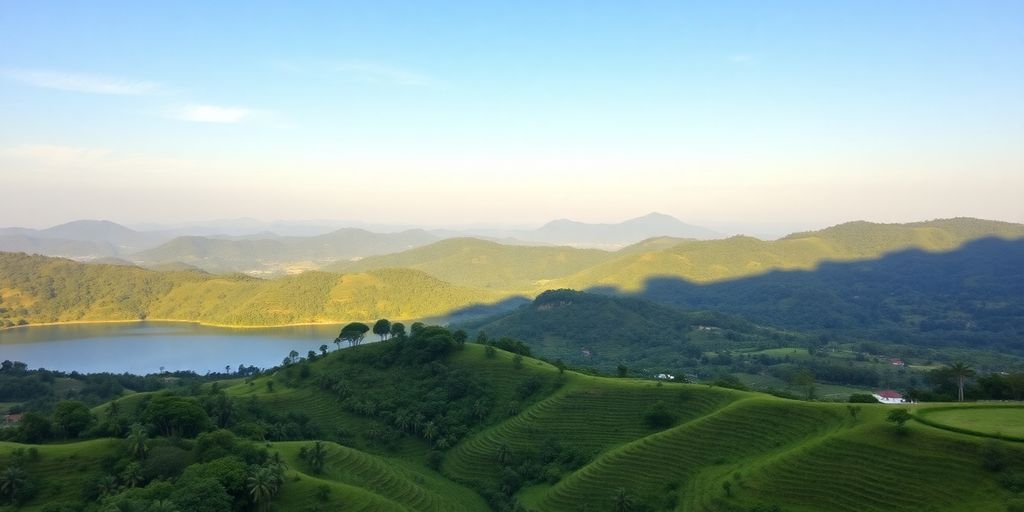 Pemandangan alam Bogor dengan perbukitan hijau dan danau.